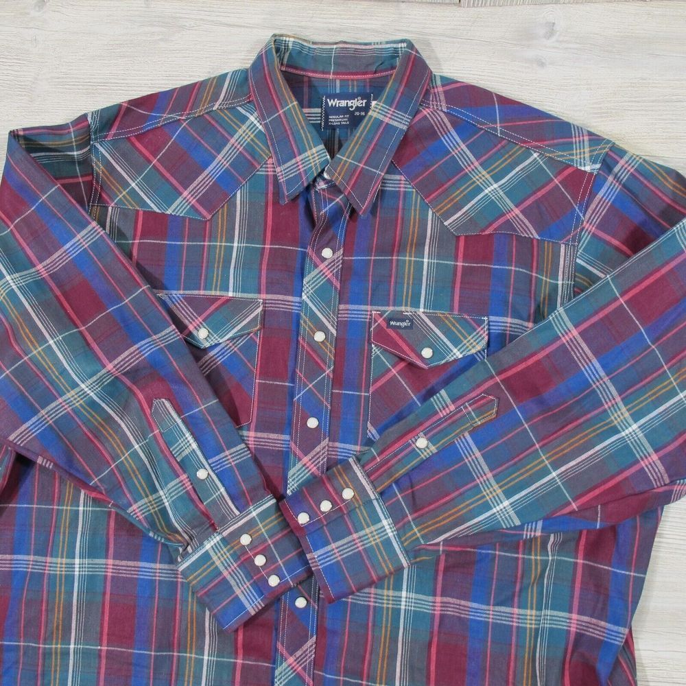 Vintage Wrangler Shirt Mens 2XL Red Brushpopper X-Long Tails Western Made in USA